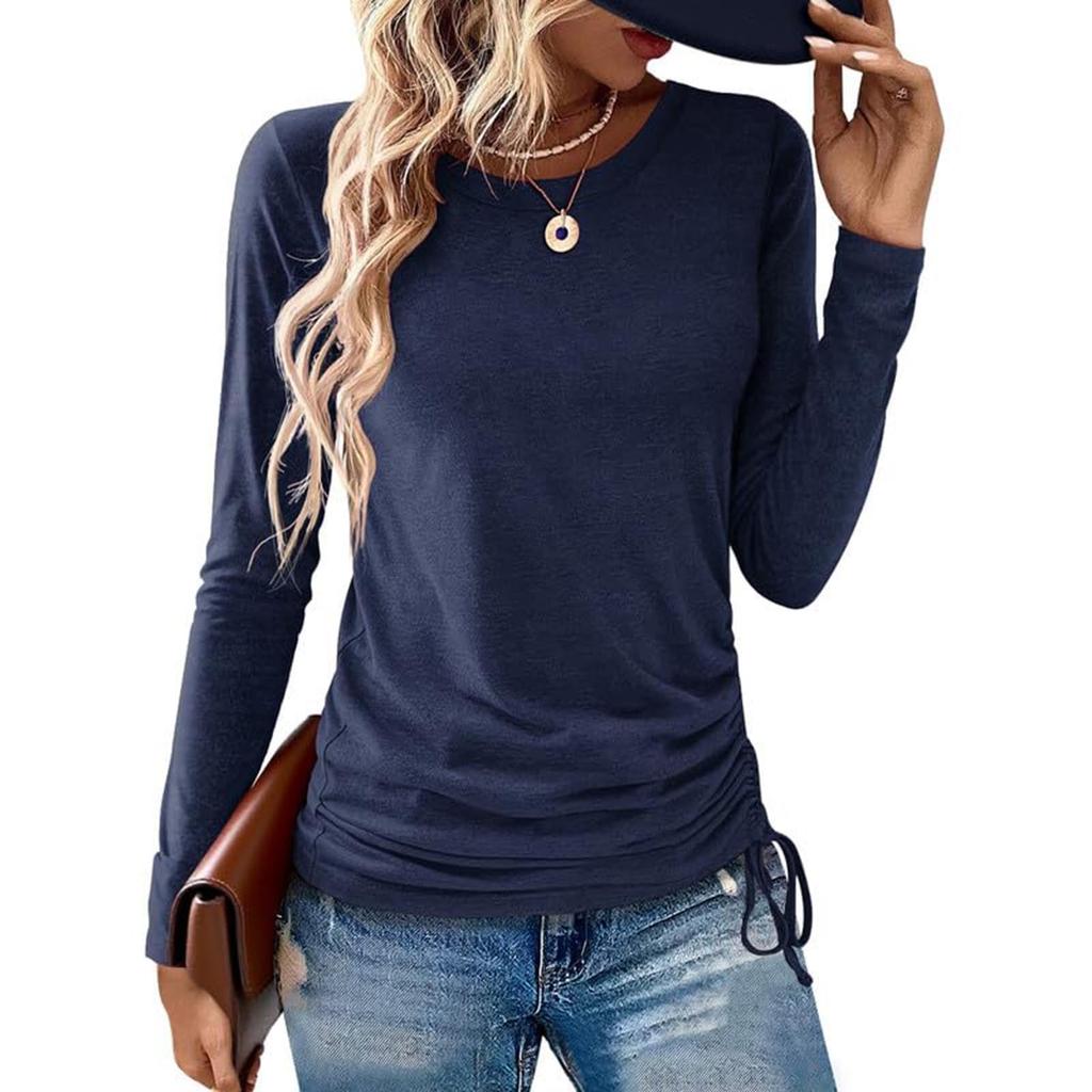 Women's Fashion Round Neck Solid Color Long Sleeve Side Drawstring Loose Casual Hoodie T-shirt Top