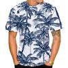 Style Casual Fashion Men's Coconut Palm Print T-Shirt, White Blue O-Neck Short Sleeve Casual Summer Hawaiian Graphic Tee Tops