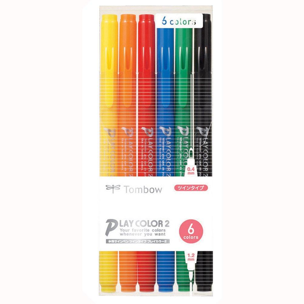 Tombow Play Color 2 Маркеры 6 Цветов Толстый Тонкий Двусторонние На Водной Основе, (Наконечник 1,2 мм и 0,4 мм) GCB-611