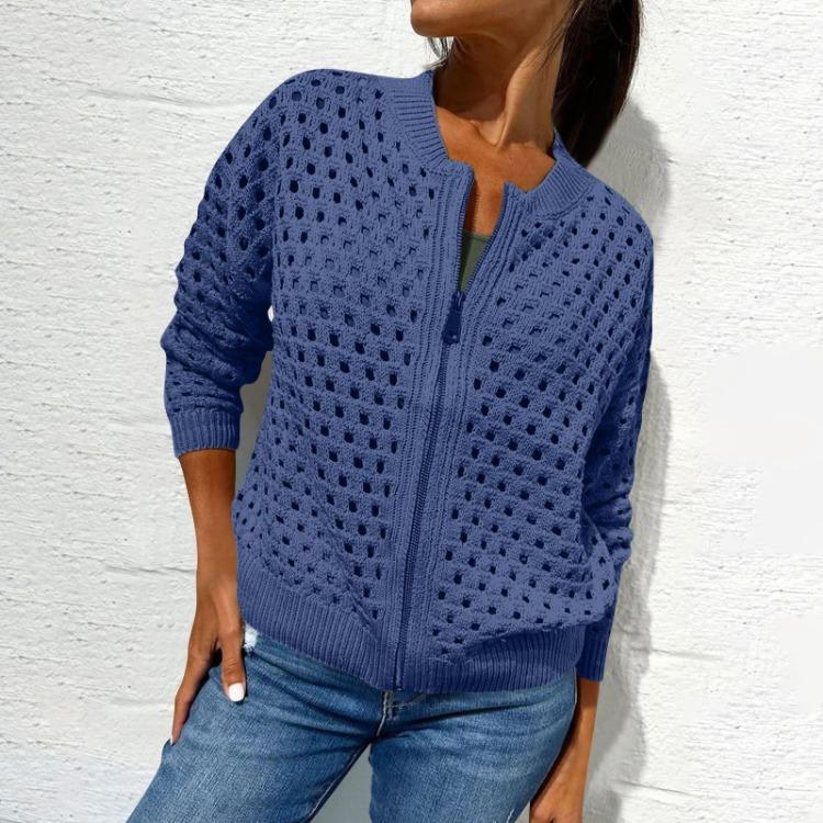 Women Casual Jacket Long Sleeve Solid Color Hollow Out Zipper Fashion Outerwear