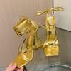 Fashion Liyke New Style Chic Triangle Thick Heels Gladiator Sandals Women Summer Sexy Street Square Toe Cross-Tied Dress Party Gold Shoe