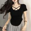 Женская футболка с U-образным вырезом, перекрещенная, с коротким рукавом, из чистого хлопка, для весны и лета. Новый дизайн, облегающий крой, короткий топ в чистом стиле.