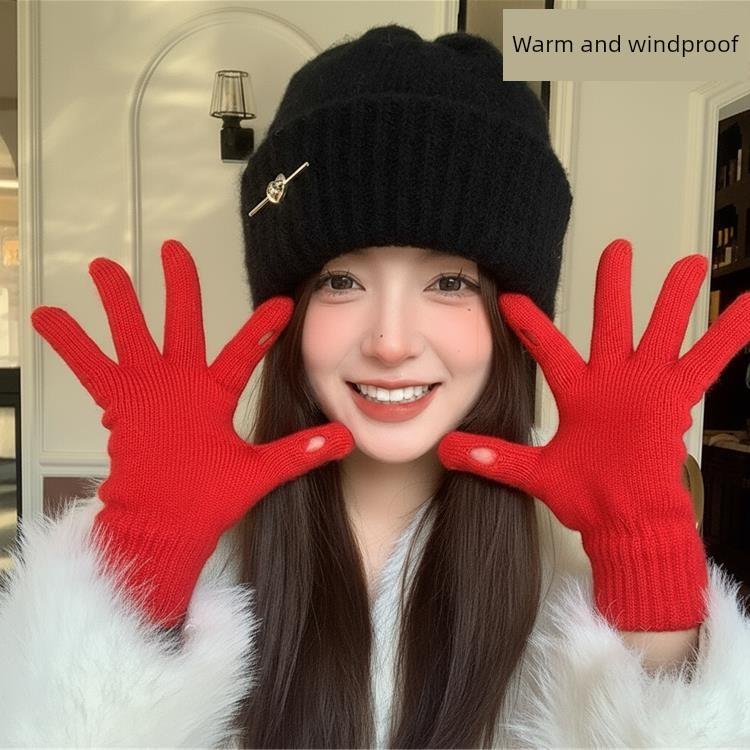 Red Cute Windproof Knitted Wool Gloves for Women, Cotton Warm Anti-Cold Fingerless Touchscreen Gloves for Cold Weather Cycling in Winter