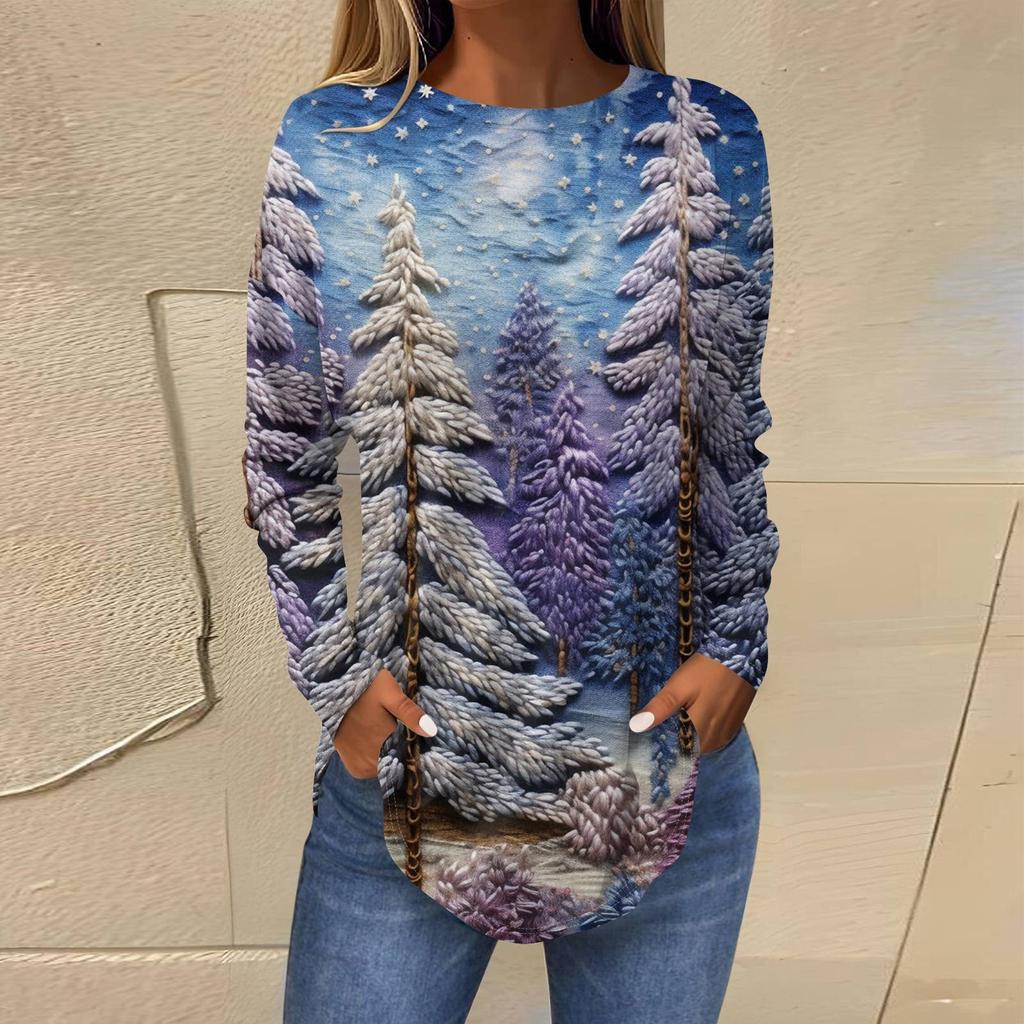 Женская свободная футболка с круглым вырезом и длинными рукавами с принтом в стиле ретро, пуловер на Рождество