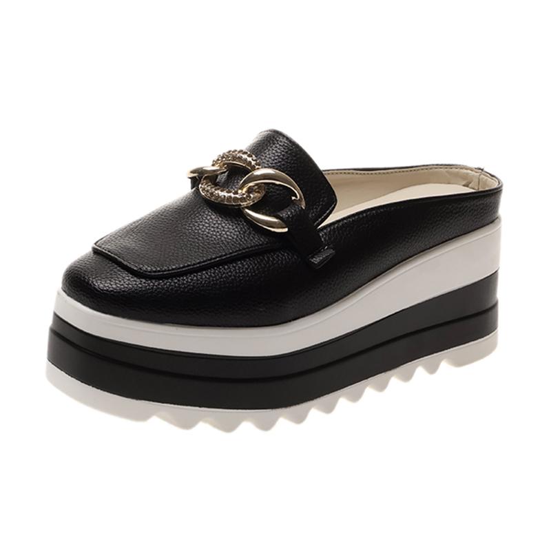 Модные женские туфли-мюли на танкетке с металлической цепочкой 2024 года, летние тапочки на толстой платформе, женские повседневные мокасины из искусственной кожи с толстой подошвой, большие размеры