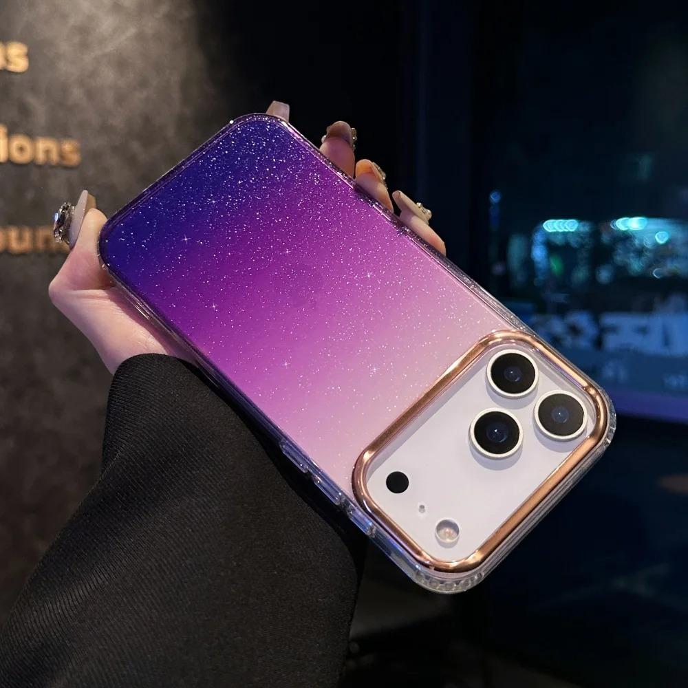 Модный градиентный ударопрочный чехол с блестками и покрытием для iPhone 17Air 16E 15 14 Plus 13 12 11 Pro Max Металлическая рамка для объектива Прочная крышка
