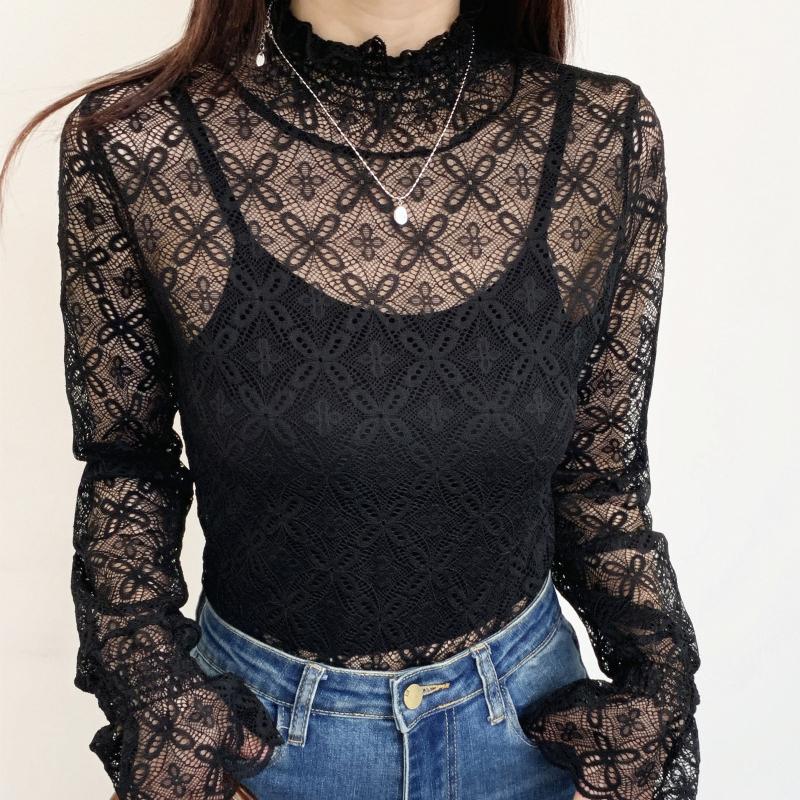 Осенне-зимняя женская рубашка с полувысоким воротником и бархатной кружевной основой, облегающая рубашка с длинными рукавами