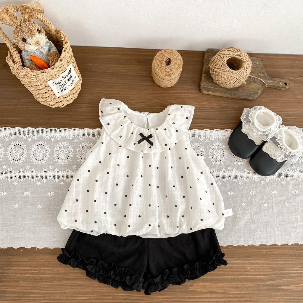 Girls Summer Polka Dot Bow Sleeveless Tank and Shorts Set