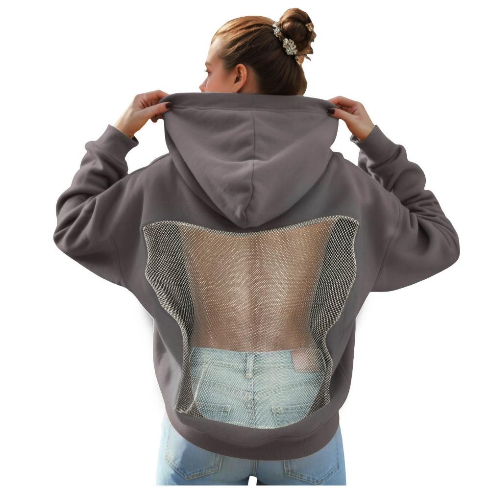 Женская модная толстовка с капюшоном, с длинными рукавами, с сетчатыми вырезами на спине, однотонная