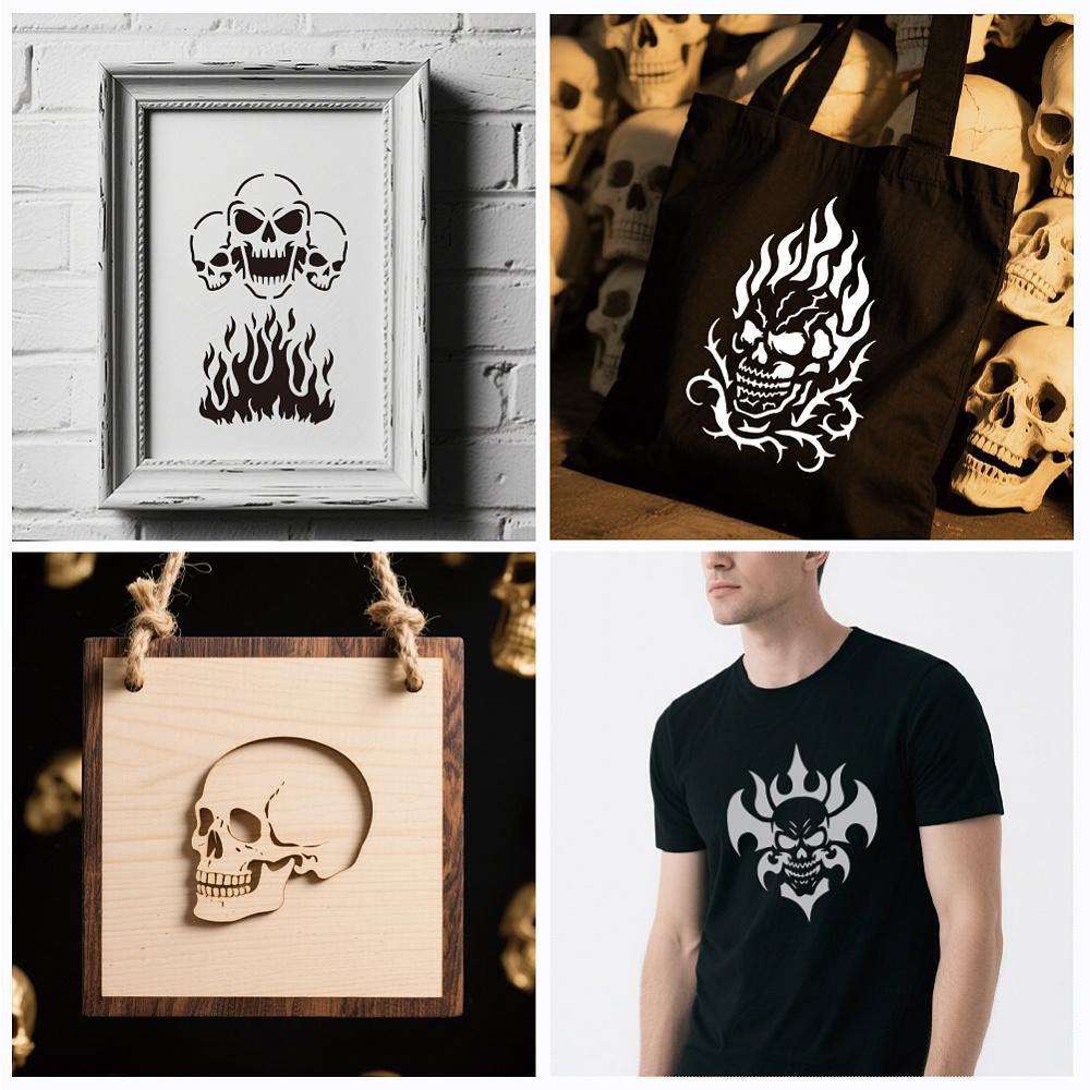 12Pcs 12 Styles PET Hollow Out Drawing Painting Stencils for DIY Scrapbook Photo Album Skull 240x120mm 1pc/style