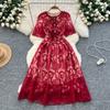 Summer Women Elegant O-neck Short Sleeve Lace Embroidery Flower Party Dresses