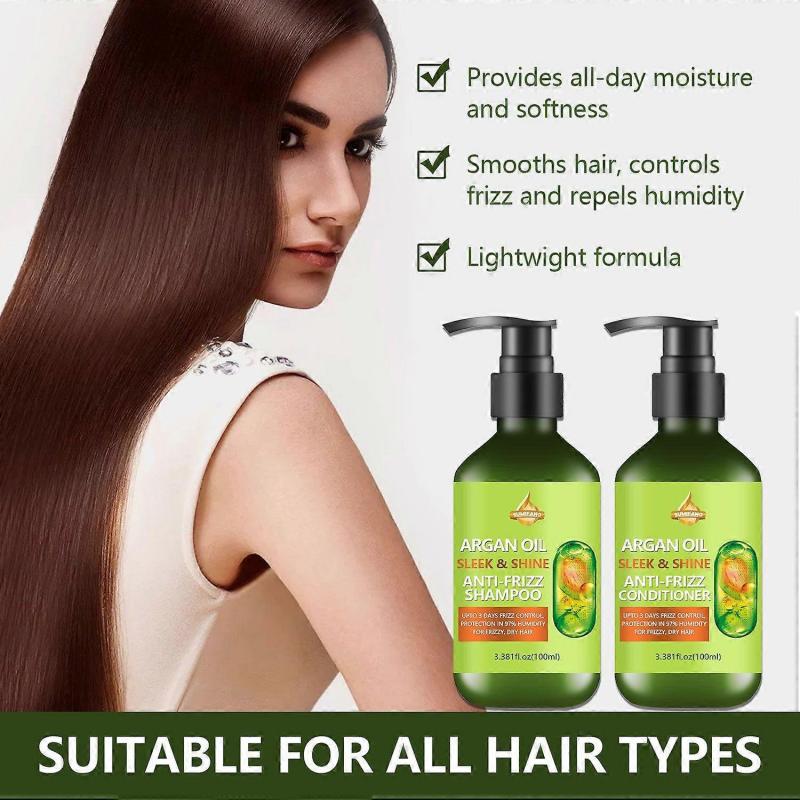 Argan Oil Sleek & Shine Shampoo, Conditioner + Leave-In Conditioner Set for Frizzy, Dry Hair, Plant Keratin + Argan Oil for All Hair Types