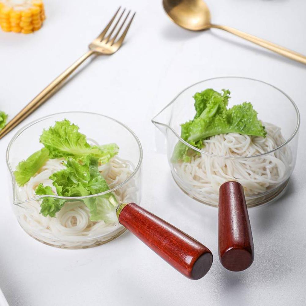 Wood Handle Saucepan Transparent Noodle Pot Salad Bowl Glass Milk Pot  Dormitory