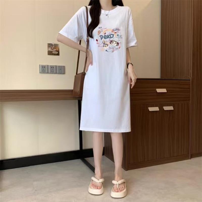 Женское летнее платье-футболка с короткими рукавами, свободное пижамное платье средней длины с разрезом