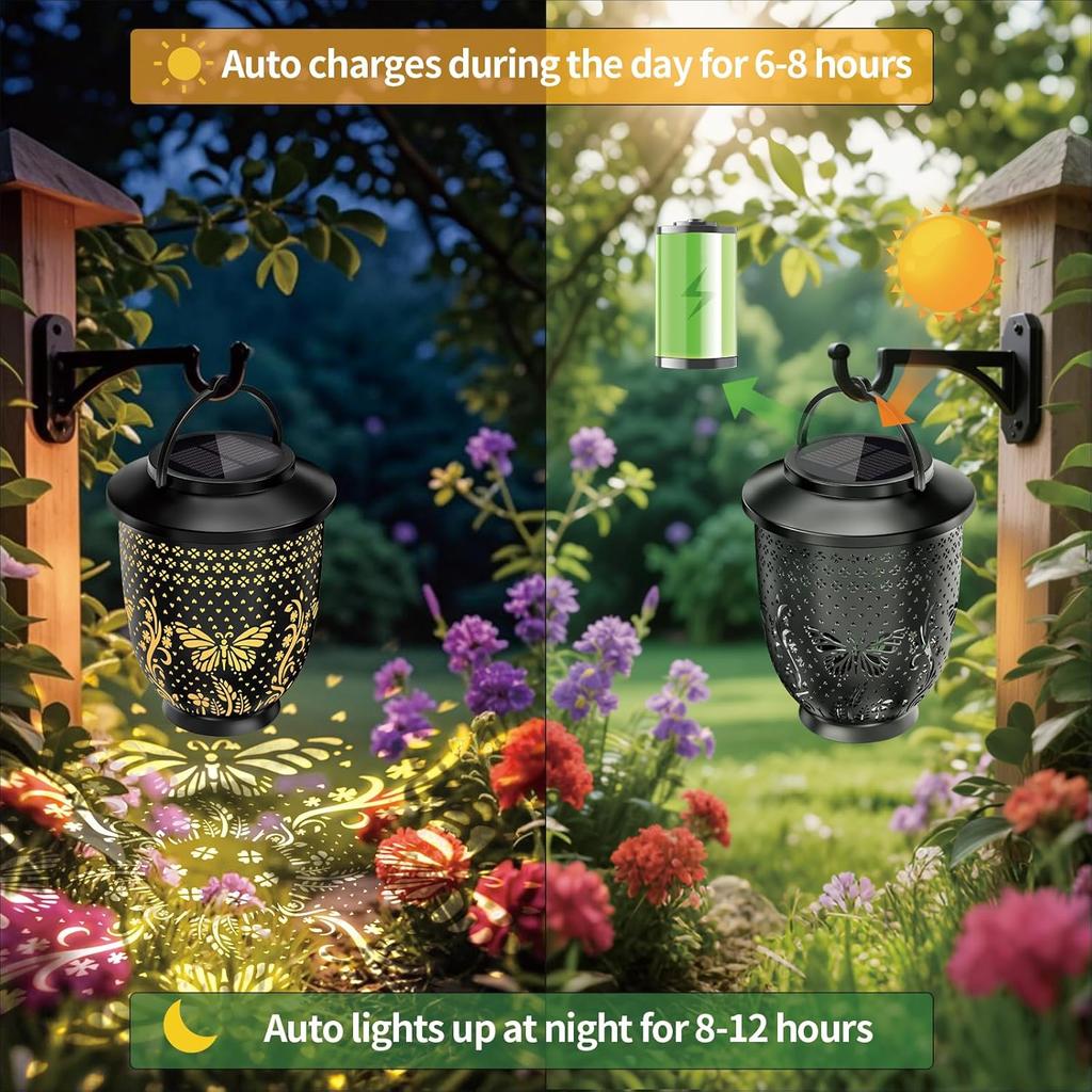 Solar Projection Light Garden Decor Solar Lantern with Butterfly Pattern Hanging Solar Wall Light Waterproof Backyard Patio Yard
