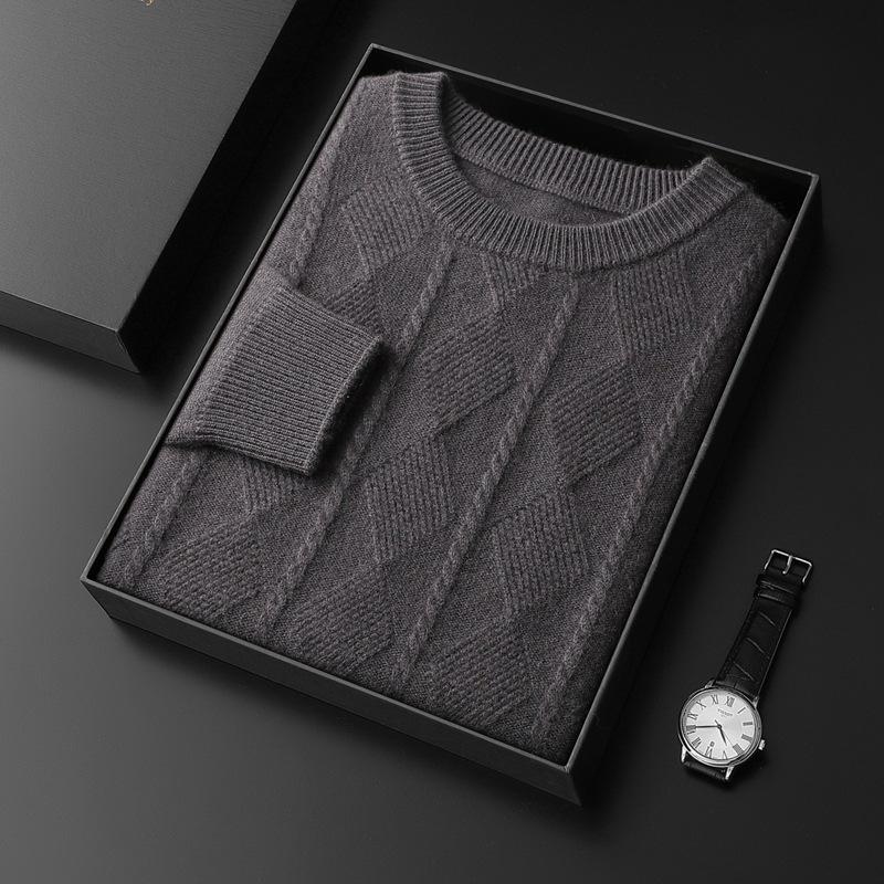Мужской утолщенный свитер с круглым вырезом из чистого кашемира - Теплый шерстяной вязаный пуловер для осени и зимы
