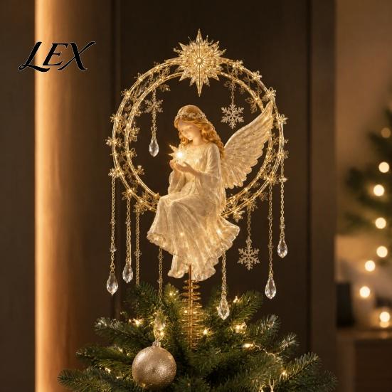 Elegant Tree Top Decor Christmas Angel Topper, Acrylic Winged Treetop Ornament with Gift for Home Spring Base Xmas Tree, Holiday Party Golden