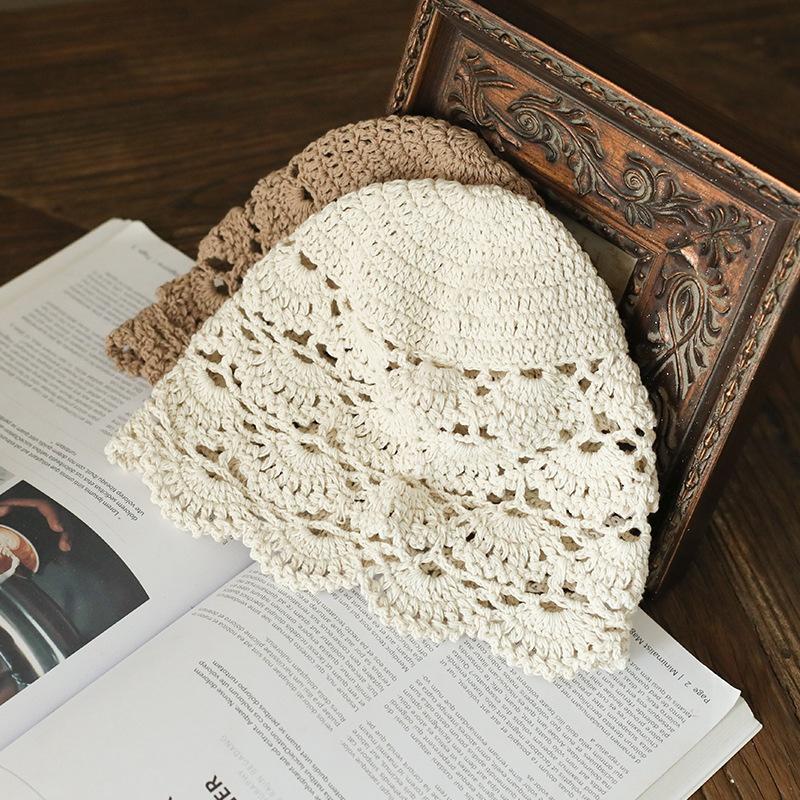 Elegant Hand Crochet Cotton Beret Knits Baotou Painter Ms Hat Brim WOMEN HOLLOW HAT