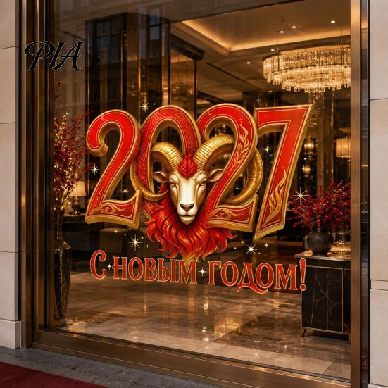 Red Gold Holiday Ornaments 2027 New Year Window Clings, Double-Sided Sheep Head Decals Home Store Decorations for Glass, Static PVC Stickers