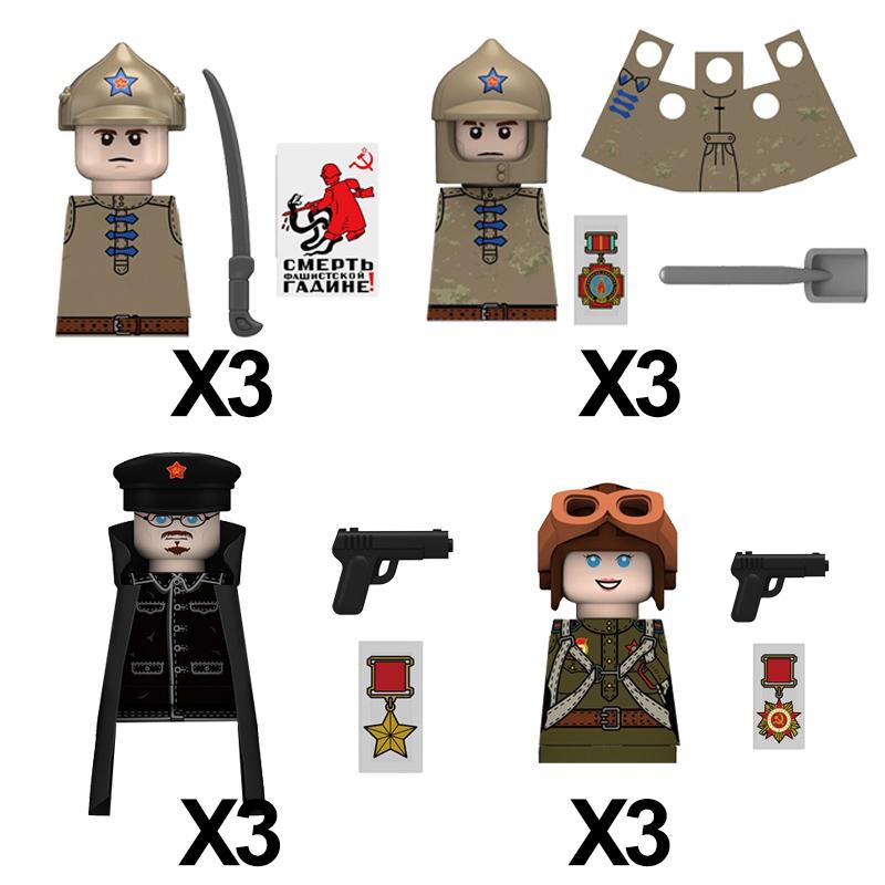 MOC Military Soviet US Soldier Figure Building Block Cavalry Pilot Western Cowboy Detective Weapon Sword Cloak Kid Toy Gift K148