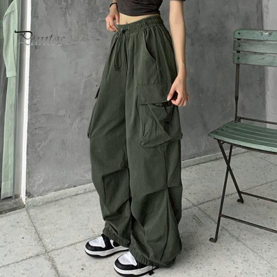 Lady Trousers Women Cargo Pants Hip Hop Baggy Solid Color Multi Pockets Elastic Waist Match Top Loose Breathable Clothes
