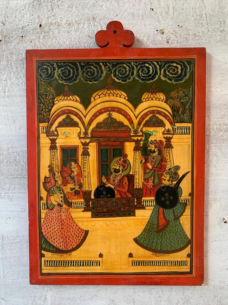 Hand-Painted Royal Portrait: Indian King & Queen Wood Frame Wall Decor