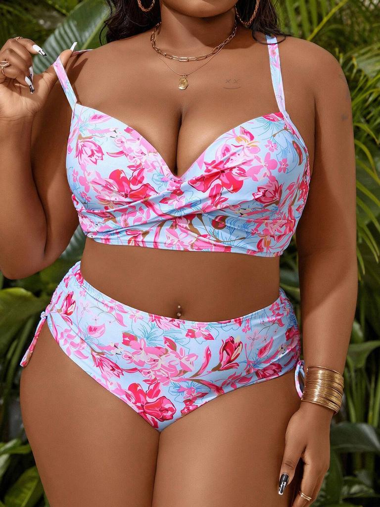 Винтажный купальник из двух предметов размера плюс, купальник с эффектом пуш-ап, женский купальный костюм, пляжная одежда на бретельках, купальные костюмы для женщин