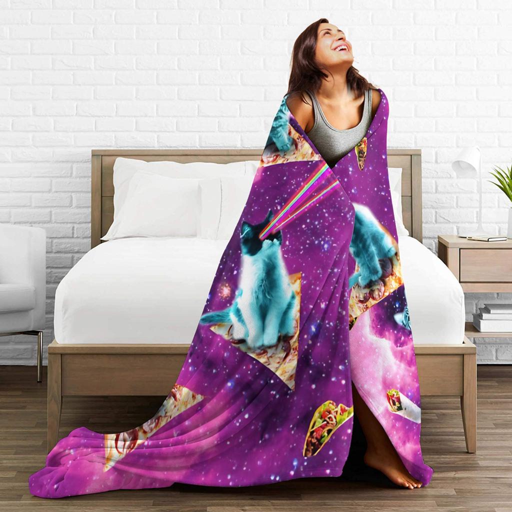 Outer Space Pizza Cat Rainbow Laser Eyes Blanket Flannel Winter Portable Soft Throw Blanket for Bedding