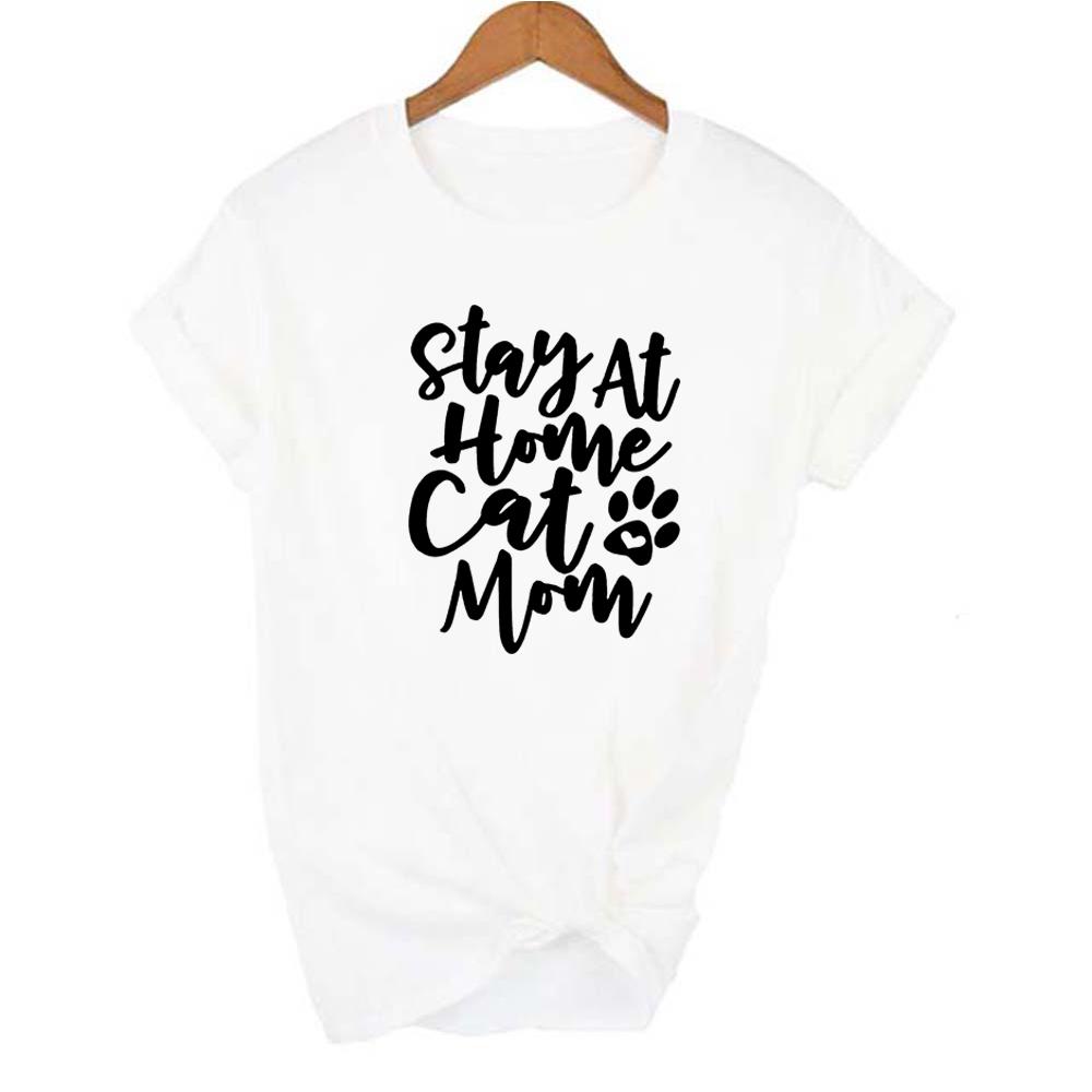 Stay At Home Cat Mom Print Women Shirts Casual Cute Cartoon White Summer Short Sleeve O