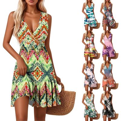 Женские платья с V-образным вырезом, приталенным цветочным принтом, без рукавов, сшитые по подолу