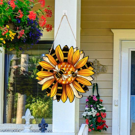 Bee Sunflower Wooden Door Sign Indoor Outdoor Garden Front Door Wall Hanging