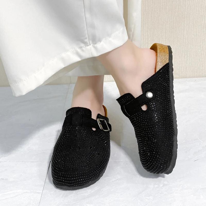 Модные женские туфли-мюли с кристаллами, туфли на плоской подошве, тапочки 2024 года, осенние дизайнерские новые модные повседневные туфли для ходьбы, уютное трендовое платье Mujer Zapatos