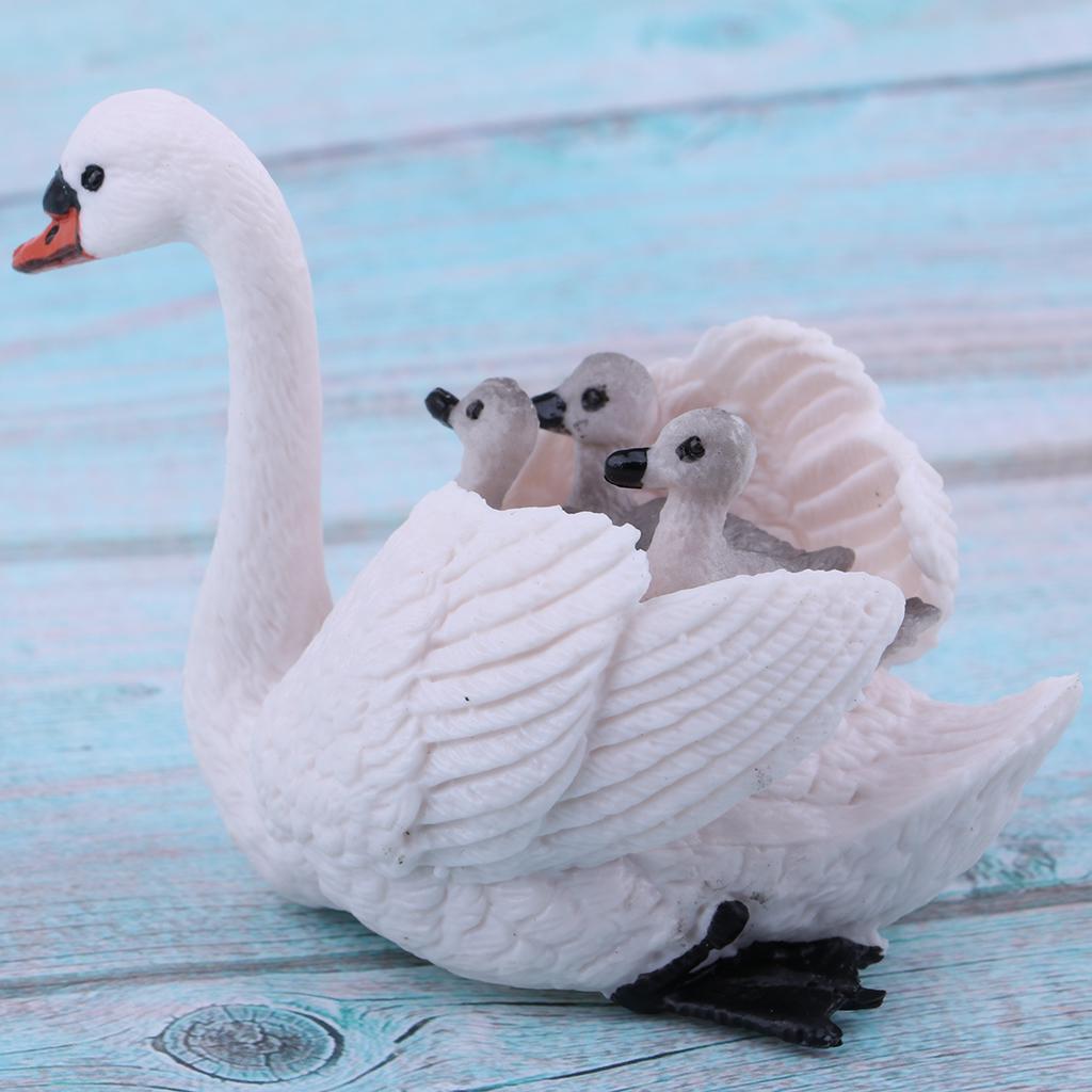 White Swan Figure with Babies On Back Animal Model Set Toy Home Ornaments