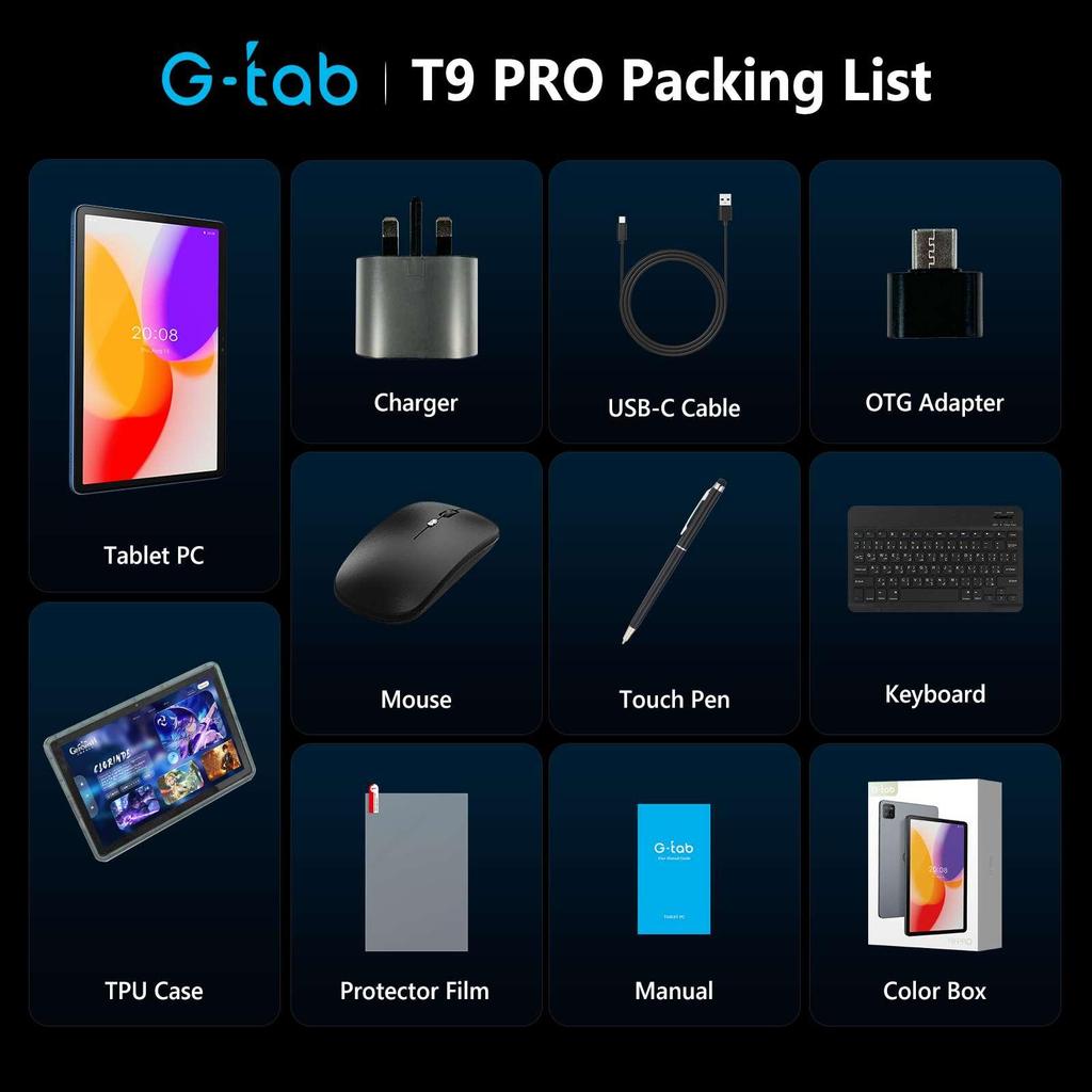 Многофункциональный планшет G-tab T9 PRO 10,1" на Android, аккумулятор 5500 мАч, 4 ГБ ОЗУ + 128 ГБ памяти, четырехъядерный процессор 1,8 ГГц, высокоскоростной двухдиапазонный Wi-Fi 2,4 ГГц/5 ГГц.