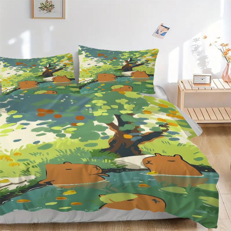 3PCs Capybara, Forest Design Cover Set, Breathable Fabric, Machine Washable (1 Duvet Cover + 2 Pillowcases) (Without Quilt) yy250911172