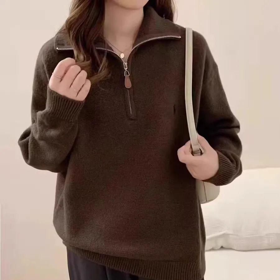 Women's High-End Half-Zip Pullover Sweater - Autumn/Winter Solid Color, Cozy Lazy Style Top