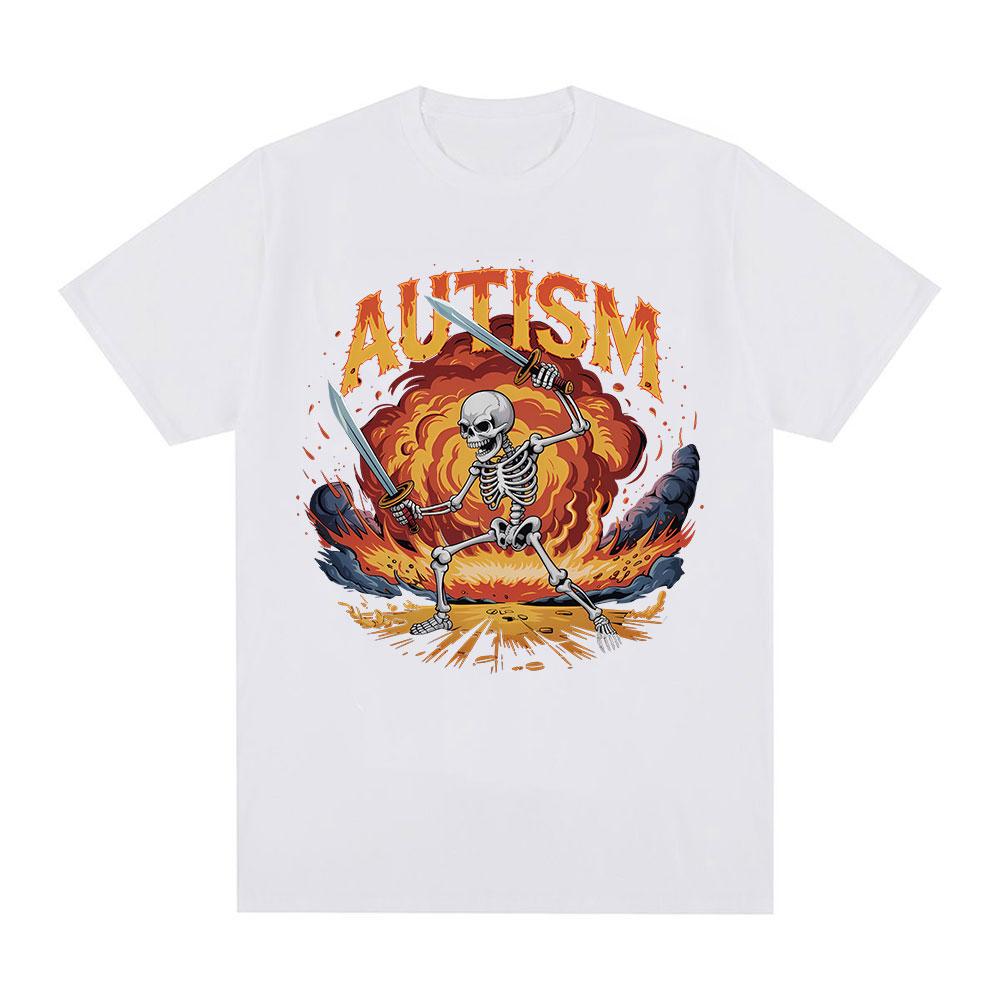 Autism Funny Skeleton Meme Tshirts Men Women Clothing Vintage Summer Short Sleeves Tshirt Cotton Casual Oversized T Shirt Tops