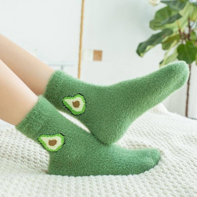 Cute Coral Velvet Socks For Women Winter Warm Floor Socks Cartoon Fruit Christmas Socks Avocado Peach Fleece Thermal Stockings