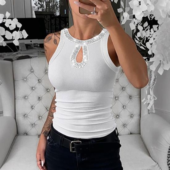 Женский жилет с круглым вырезом, без рукавов, с блестящей отделкой из пайеток, майки, ажурный дизайн