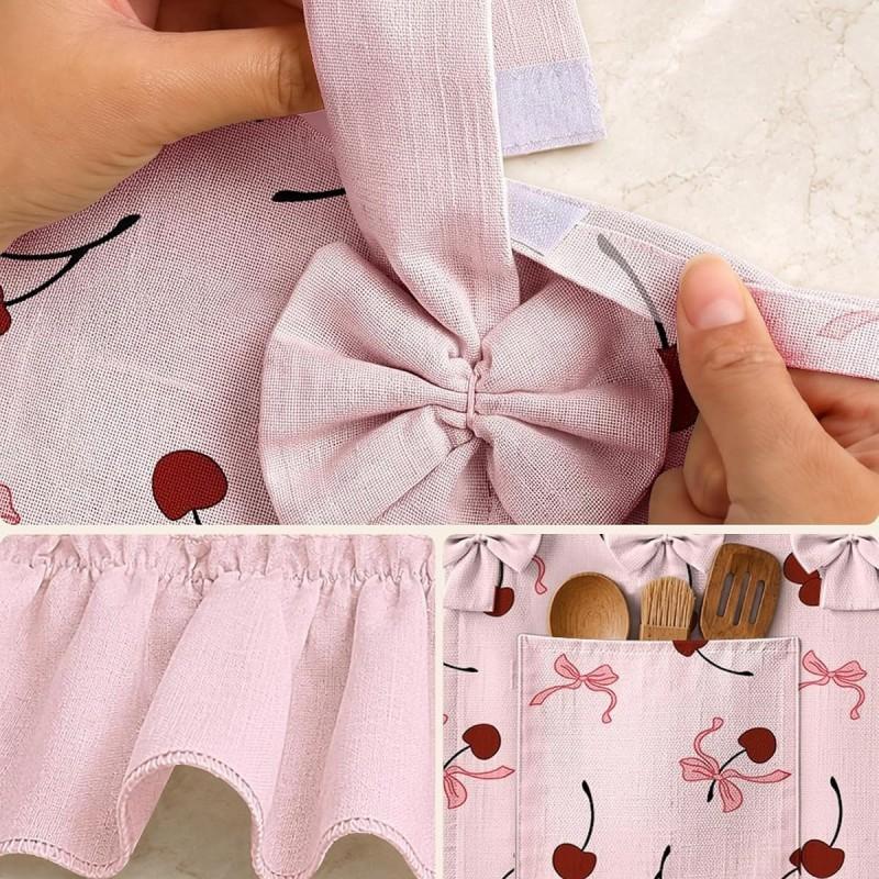 Oven Curtain With Pocket Hook-and-Loop Skirt Cherry Bow Decorative Kitchen Door Drape