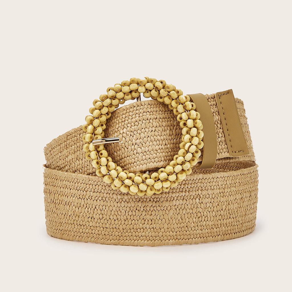 Simple Solid Color Bead Ring Buckle Decoration Women Woven Belt For Casual Ethnic Wear
