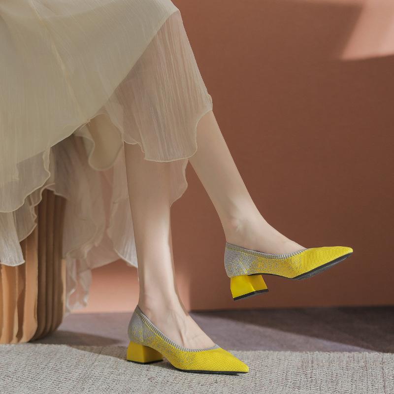 Модные туфли-лодочки женские 2024 новые универсальные вязаные туфли толстые каблуки и острые носки легкие туфли из сетки 40 Zapatos De Mujer