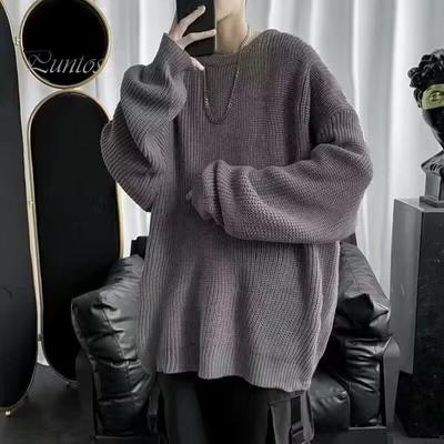 Осенне-весенний свитер с круглым вырезом, свободный, однотонный, с длинными рукавами, трикотажный пуловер, эластичный, повседневный, средней длины, теплый свитер