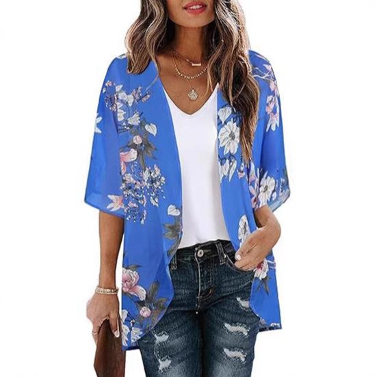 Women Beach Shirt 45720 Sleeve Mid-length Sunscreen Tops Floral Print Breathable Loose Fit Beach Shawl