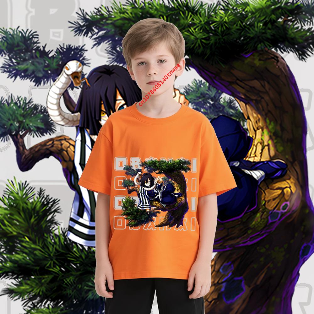 Kimetsu no Yaiba Obanai Iguro Anime Print Boys Cotton T Shirt Kids Cartoon Tee Comfortable Daily Wear Childrens Clothing