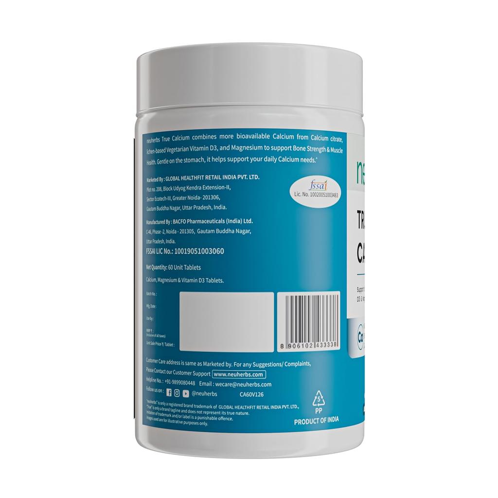 Таблетки Neuherbs True Calcium с витамином D3 и магнием для здоровья костей, суставов и мышц взрослых, 60 шт.