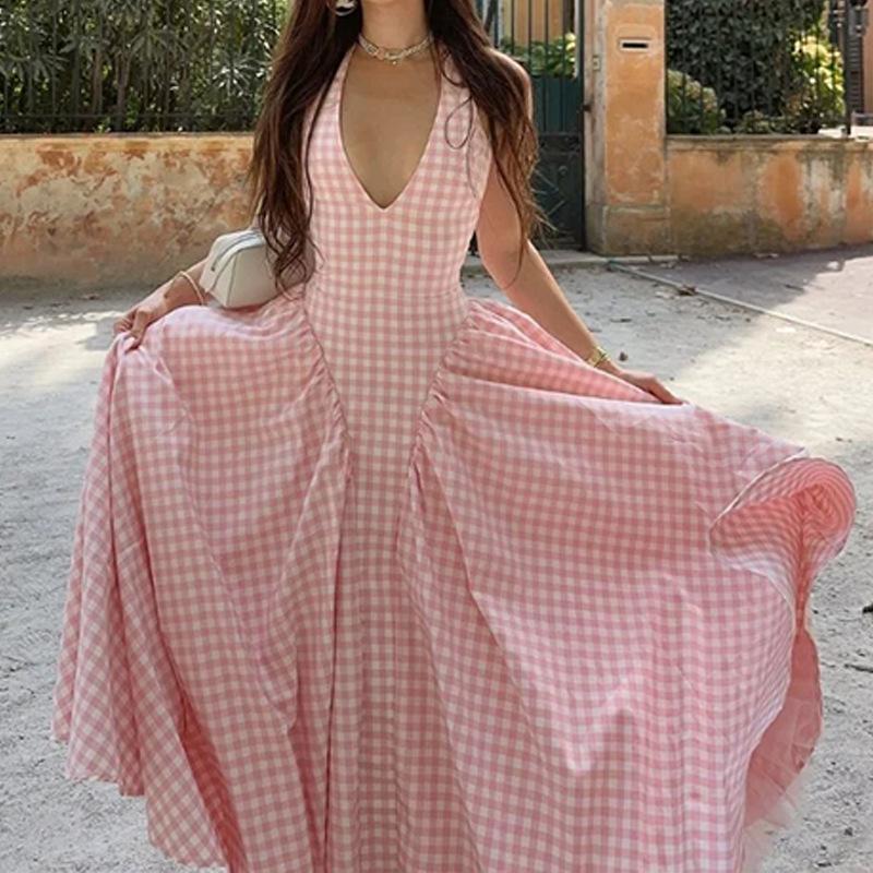 Women French Style Halter Neck Pleated Waist Cinching Long Dress