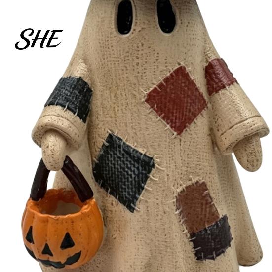 Seasonal Farmhouse Style Crafts Lighted Patchwork Ghost Resin Figurine with Pumpkin Lantern, Rustic Halloween Retro Statues Tabletop Lamp, Vintage