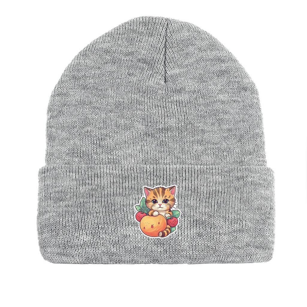 Cat Fruit Print Knitted Cap Beanie, Skull Cap Cancer Chemo Fit Trendy Headwear Knit Hat Beanie