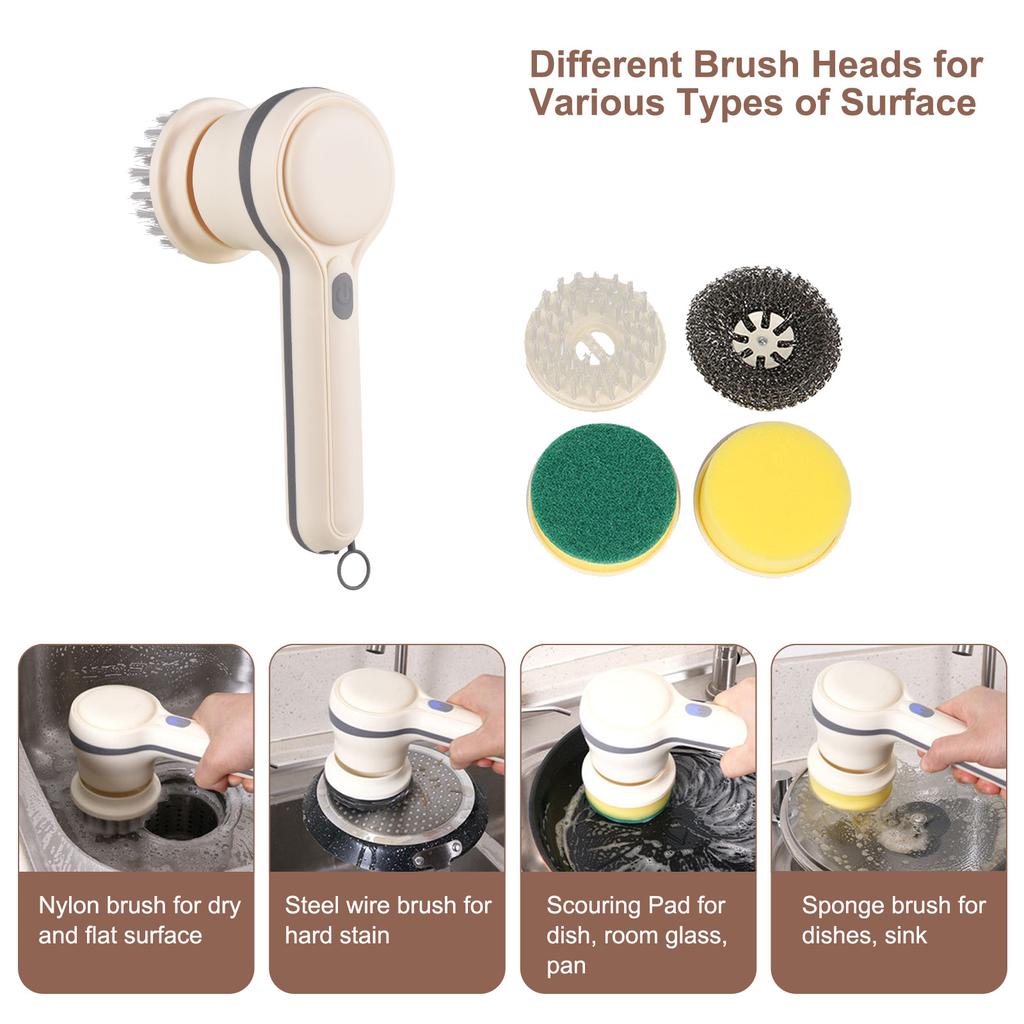 Electric Spin Scrubber Multifunctional Cleaning Brush with 4 Heads Nylon/Wire Brush/Sponge Cordless Handheld for Kitchen Bathroom Wall Window